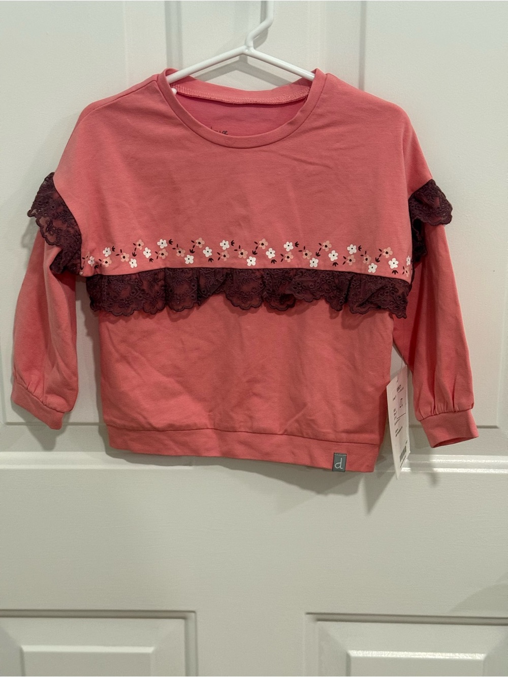 deux par deux Coral Pink Long-Sleeve Shirt with Dark Lace Trim